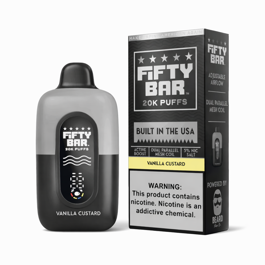 Fifty Bar vape device and packaging on a white background